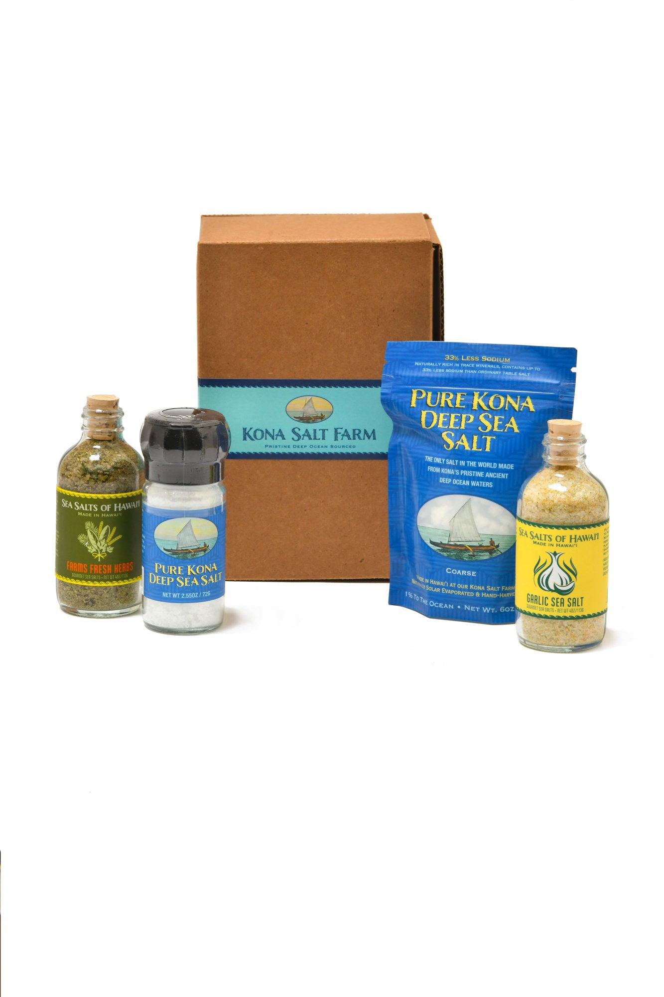 Farm Favorite Gift Set with two flavored salts, a grinder and refill coarse salt pouch.