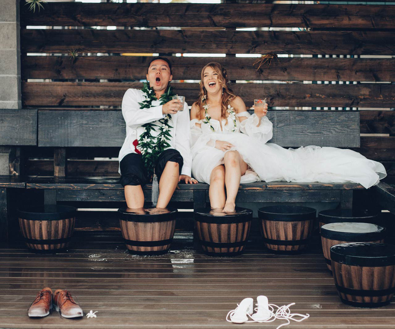 Wedding Couple Enjoying Foot Soak Cabana