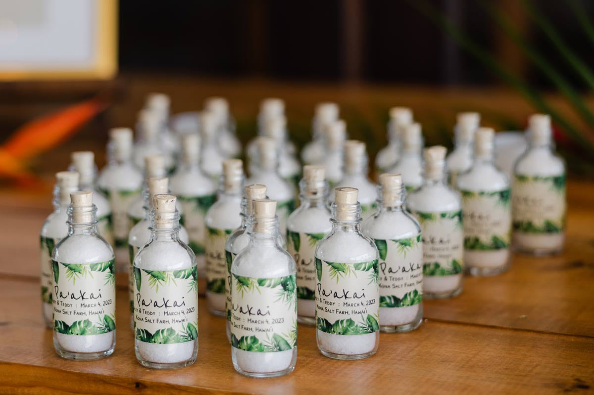 Row of sea salt bottles with customized labels
