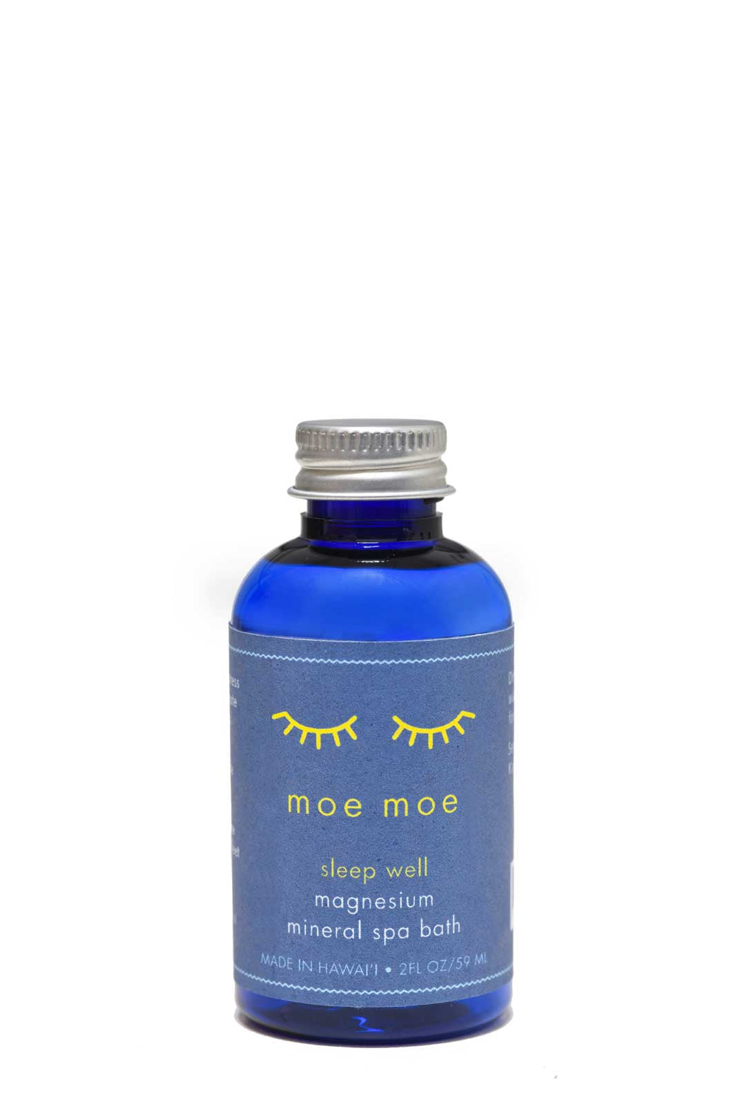 Blue bottle of 'moe moe' magnesium mineral spa bath on a white background