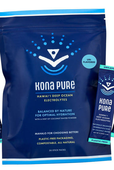 Kona Pure electrolyte powder package with three individual packets on a white background