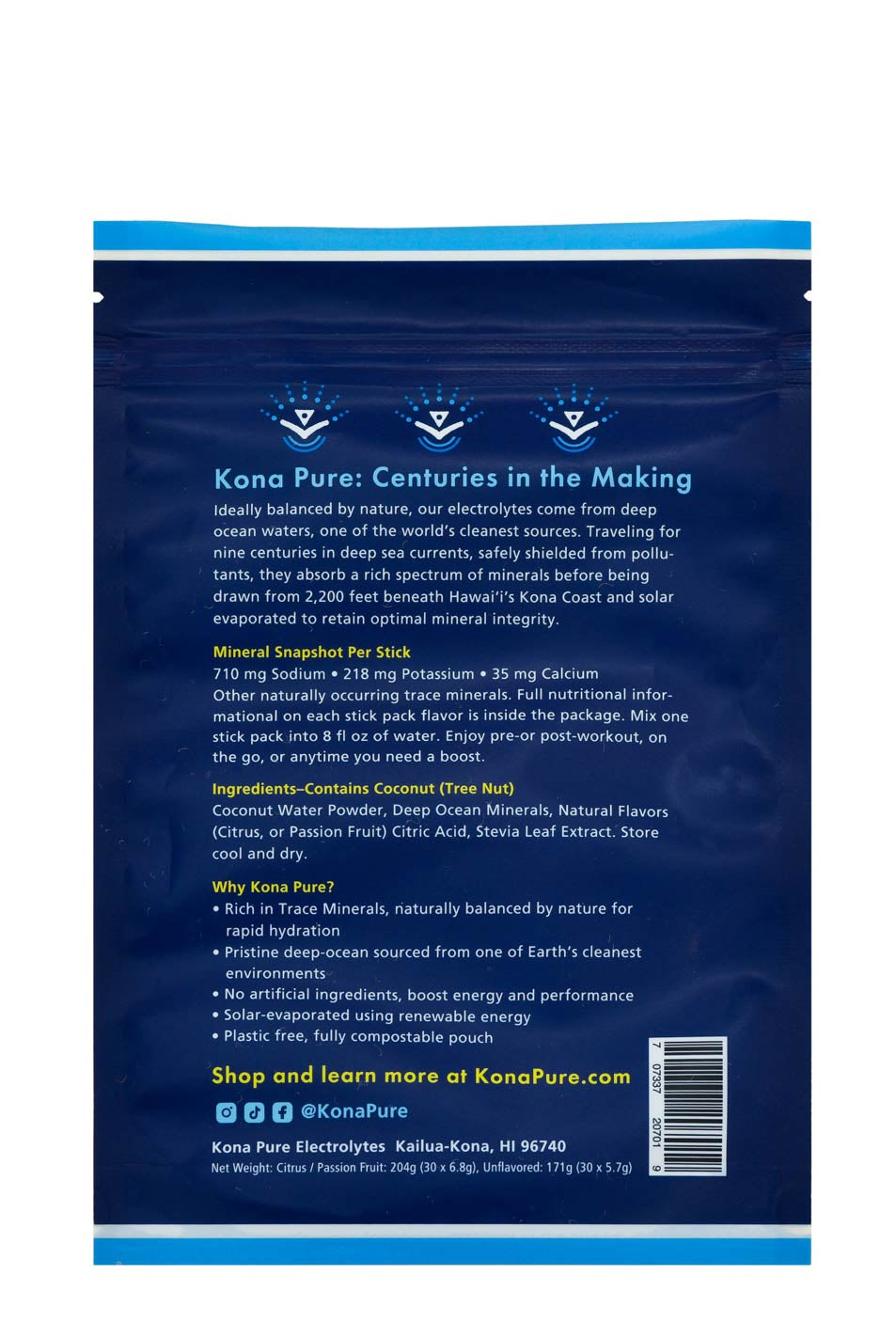 Kona Pure product packaging with blue and white design on a white background