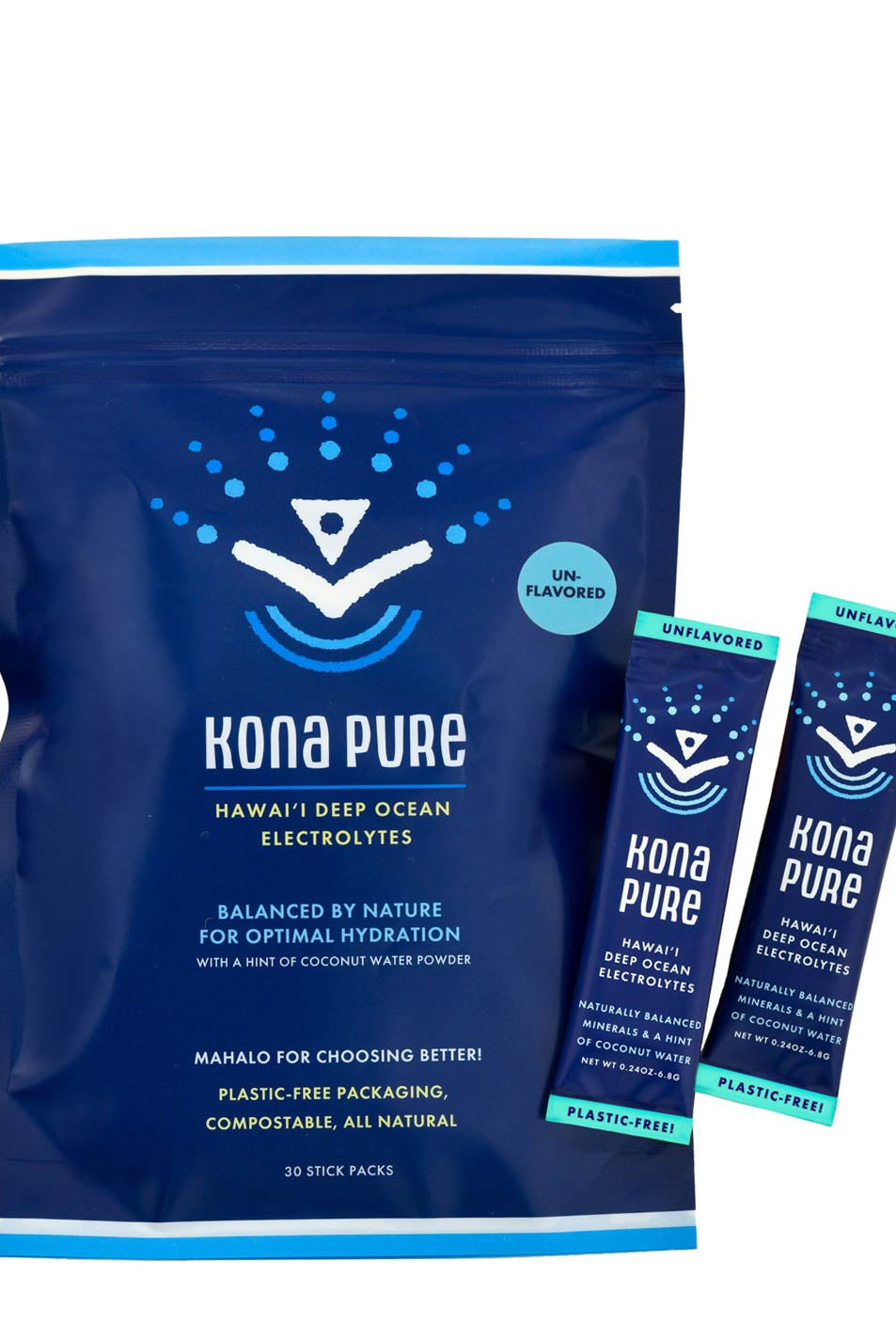 Kona Pure electrolyte powder package and sticks on a white background