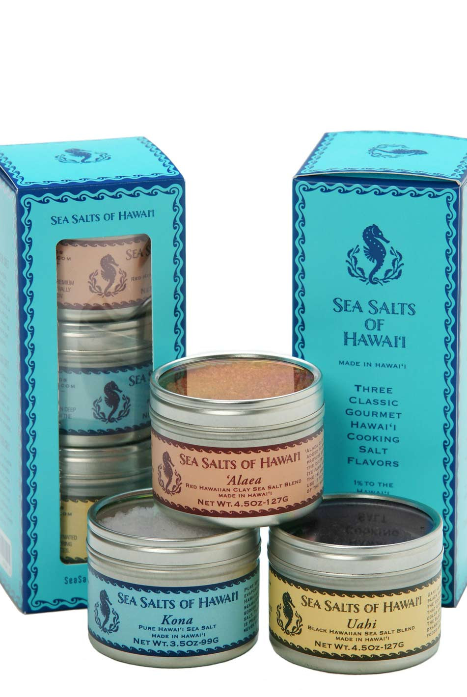Three Tin Gift Box with Red, Black and Kona Hawaiian Sea Salts