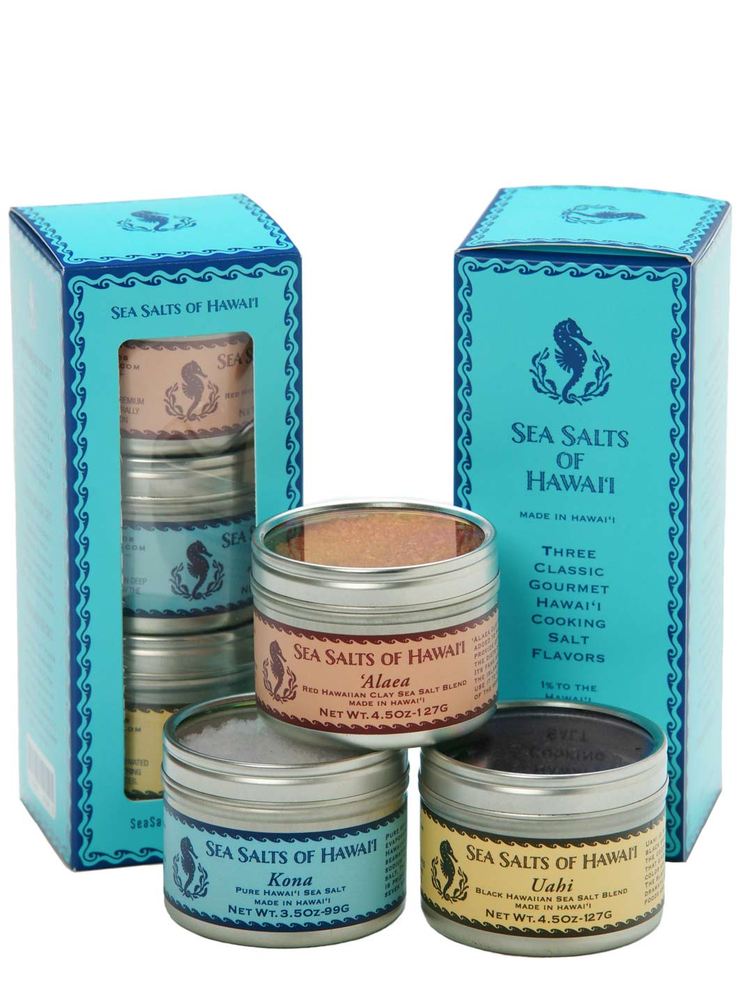 Three Tin Gift Box with Red, Black and Kona Hawaiian Sea Salts