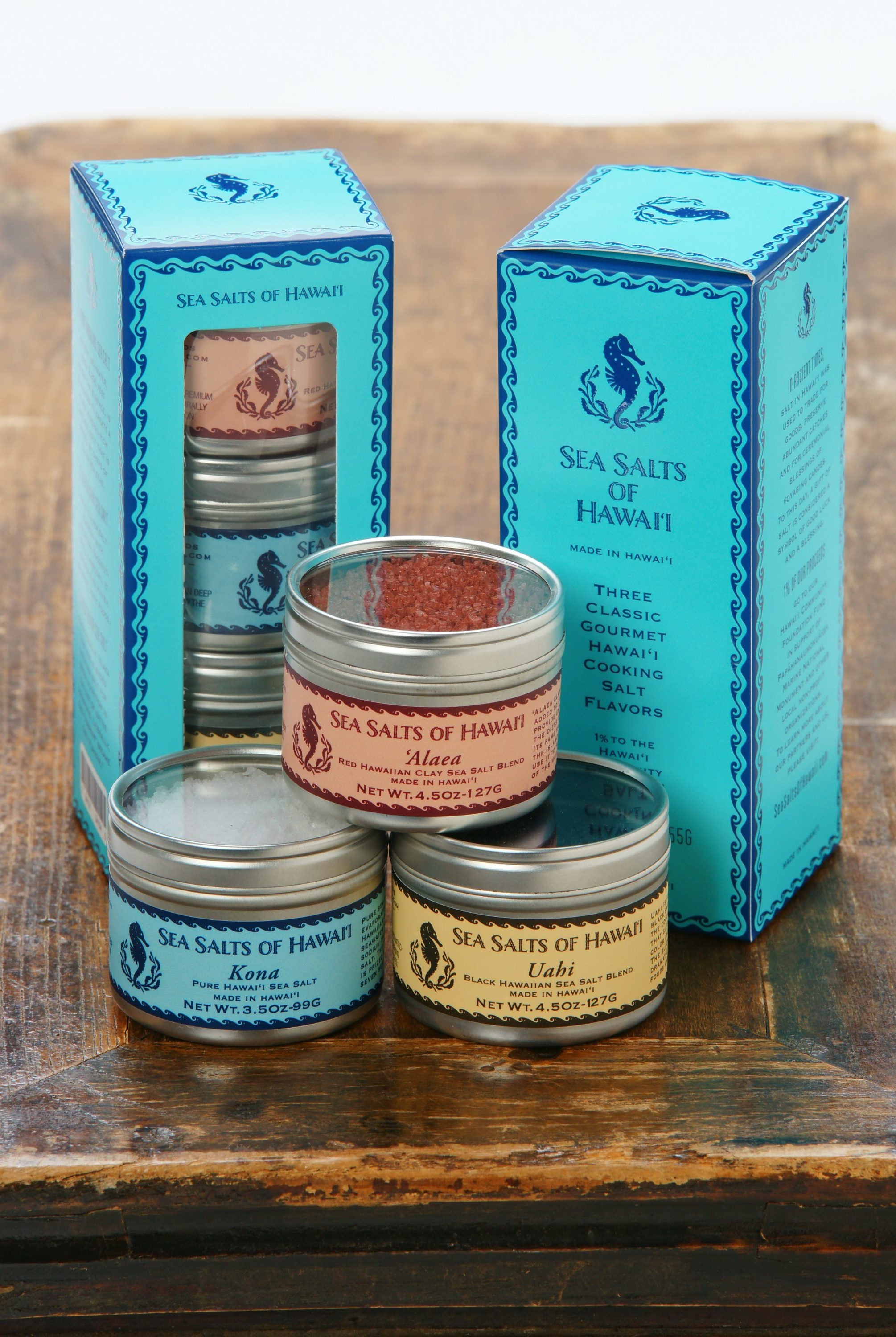 Gift Box with three tins of Hawaiian Alaea Red, Kona White and Uahi Black Hawaiian Sea Salts