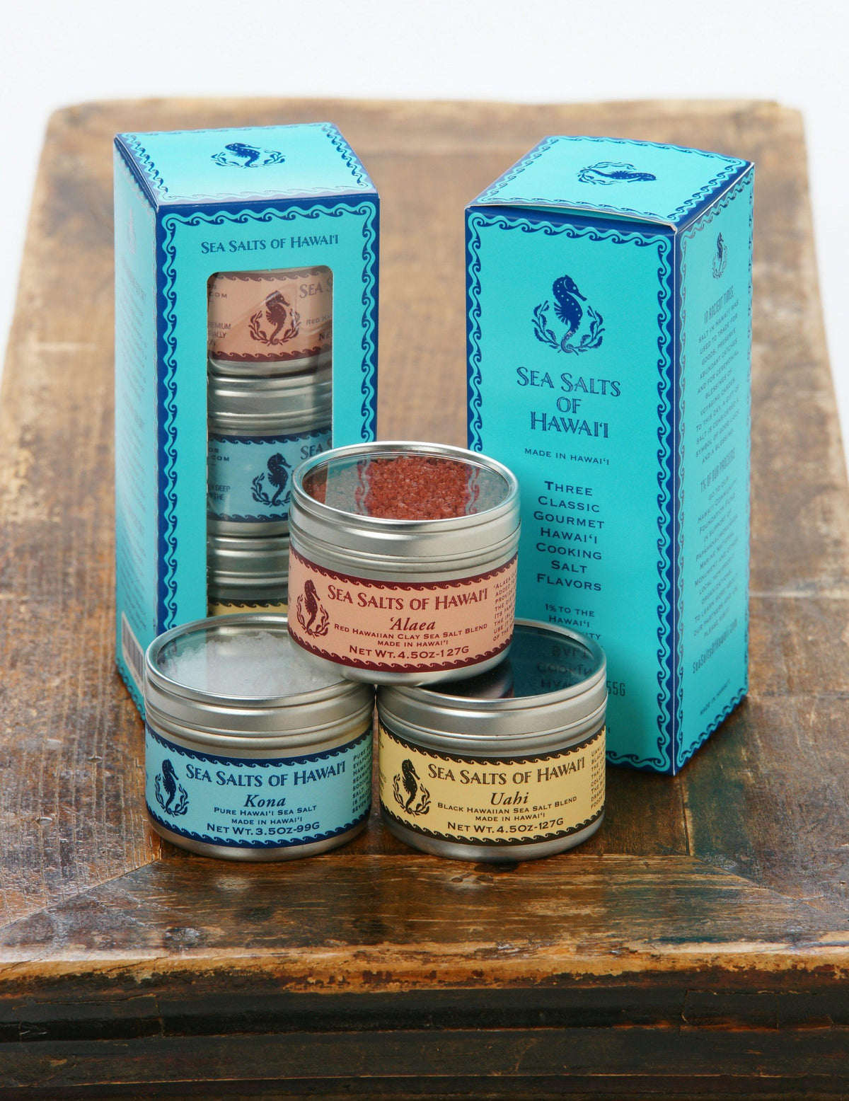 Gift Box with three tins of Hawaiian Alaea Red, Kona White and Uahi Black Hawaiian Sea Salts