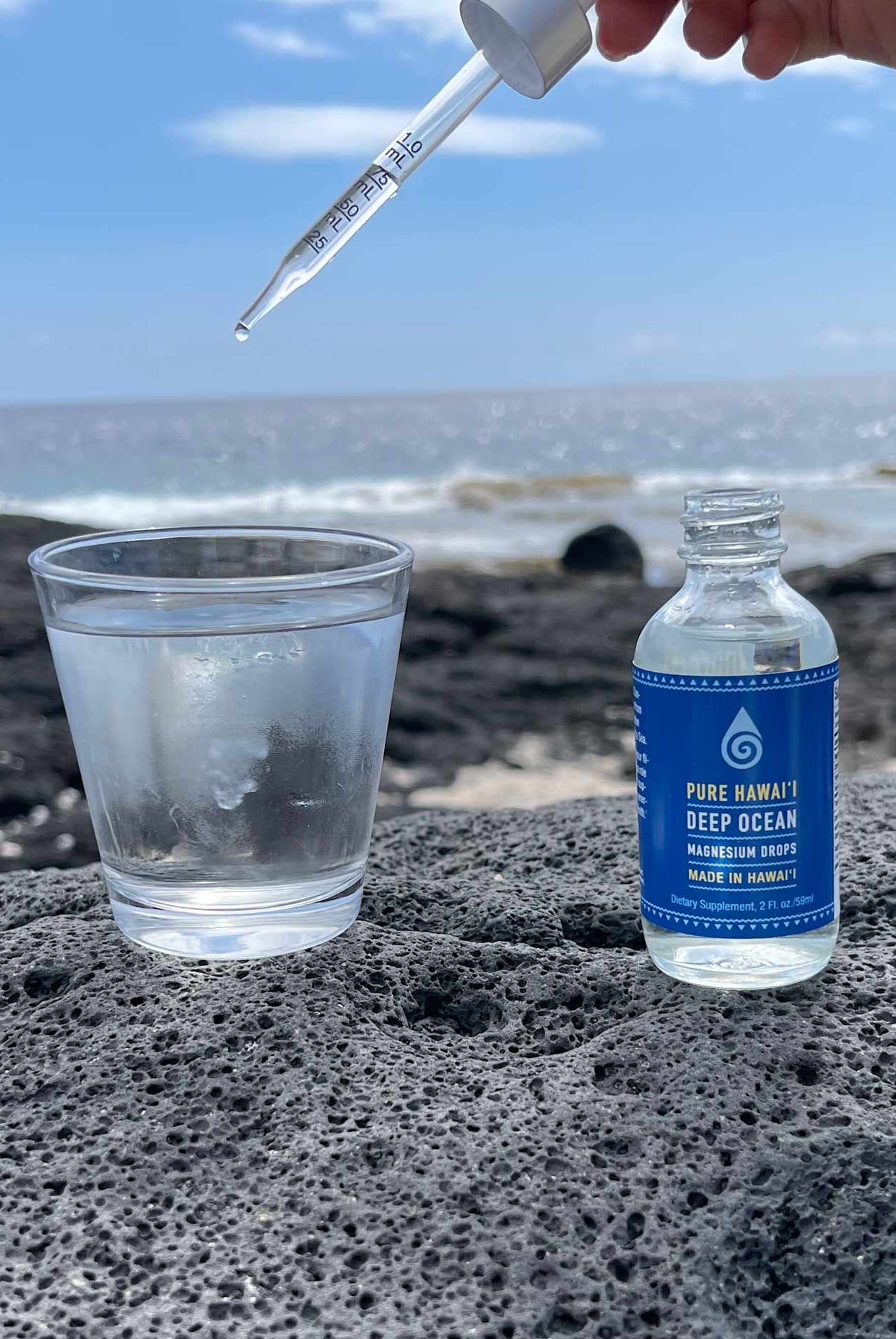 Hawaii Deep Ocean Mineral Water Drops with being used as directed dropped into water