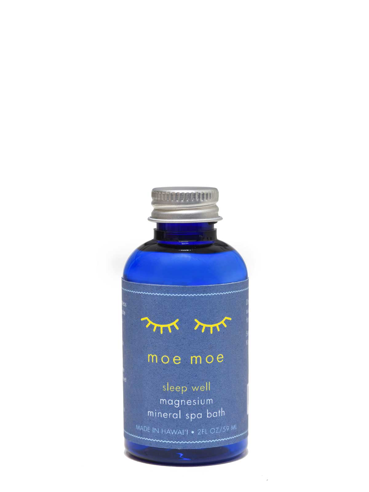Blue bottle of 'moe moe' magnesium mineral spa bath on a white background