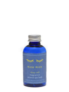 Blue bottle of 'moe moe' magnesium mineral spa bath on a white background