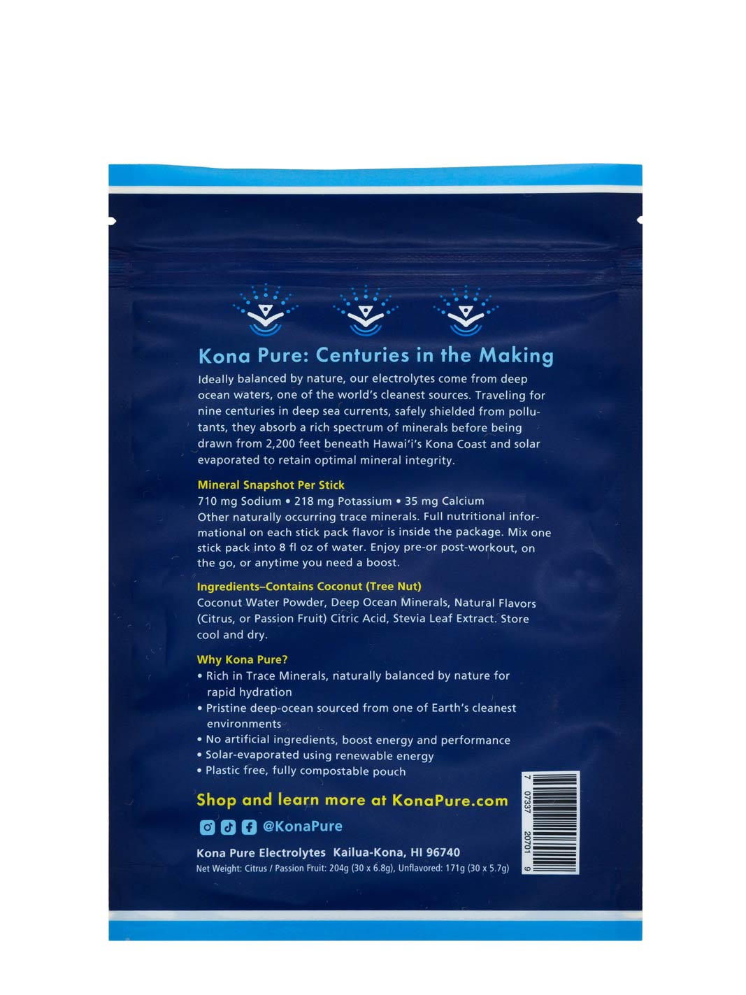 Kona Pure product packaging with blue and white design on a white background