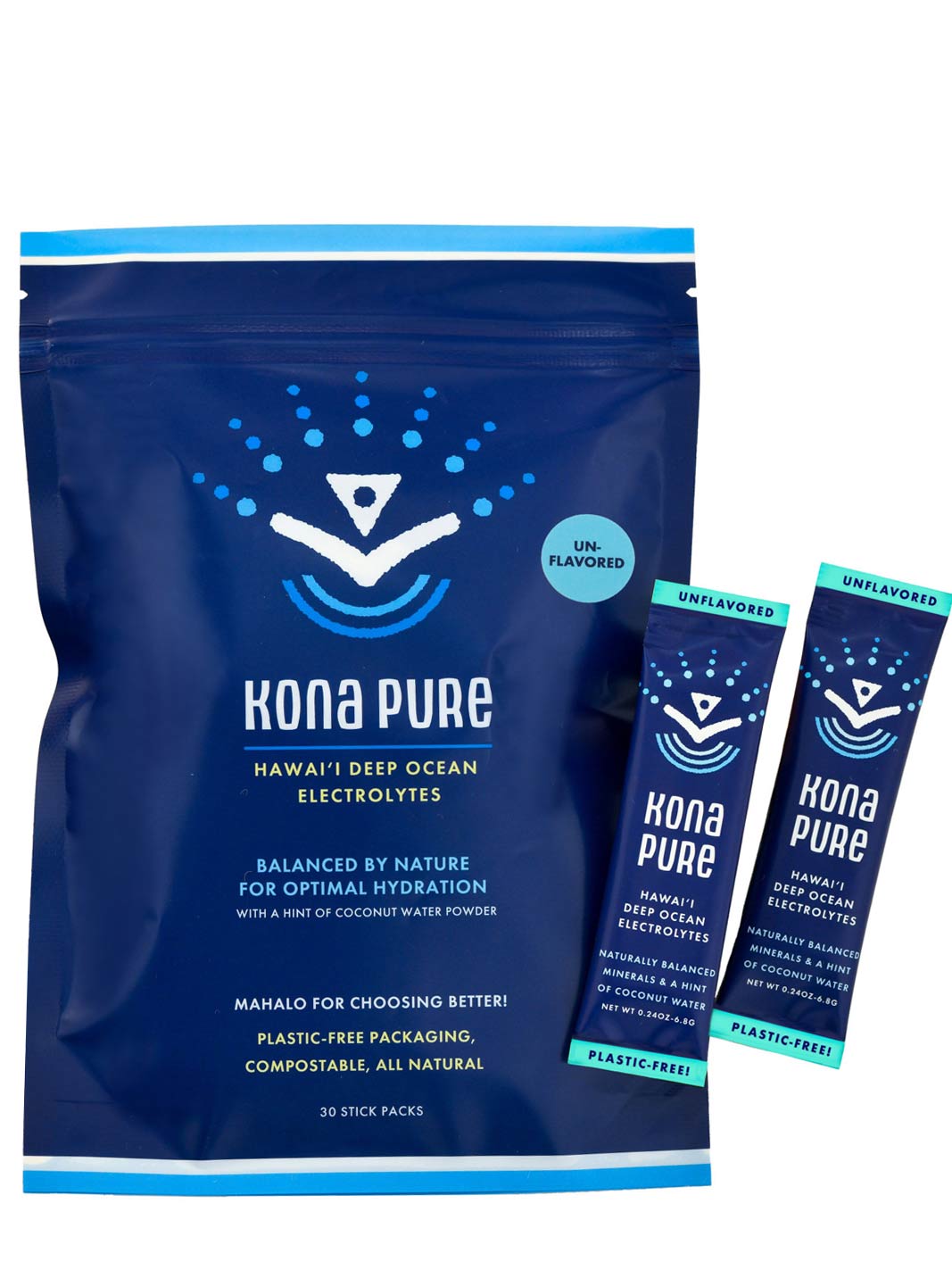 Kona Pure electrolyte powder package and sticks on a white background