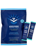 Kona Pure electrolyte powder package and sticks on a white background