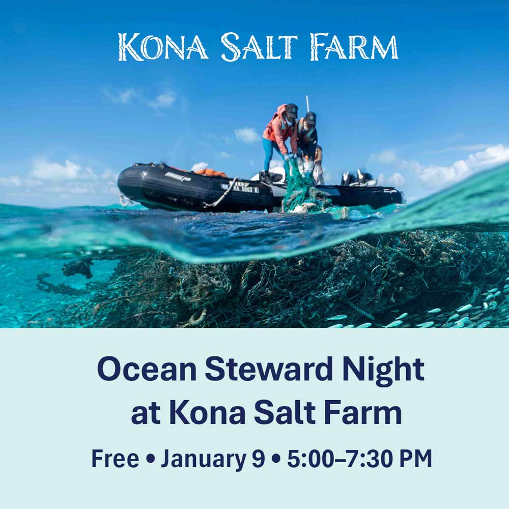 Advertisement for Kona Salt Farm's Ocean Steward Night event with people in a boat over water.