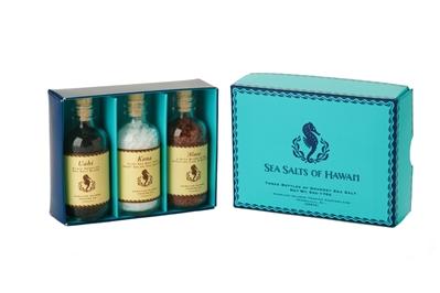 Hawaiian Sea Salt Gift Box with three 2oz glass bottles of red, black and white Hawaiian Salts